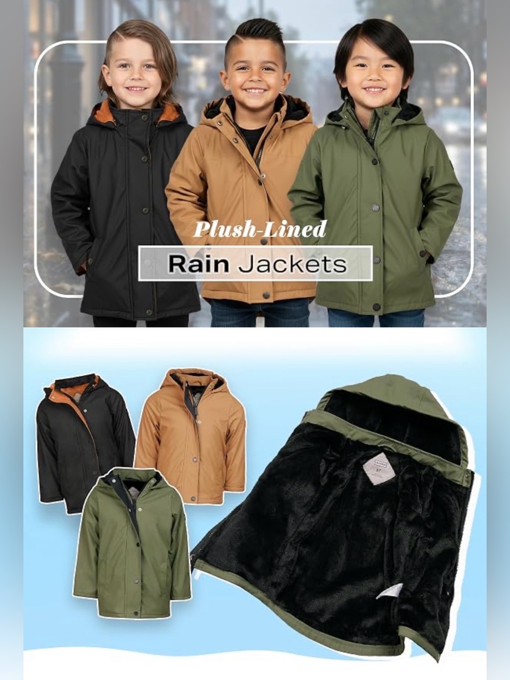 Hunter Boys Plush Lined Olive Hooded Rain Jacket - Size 3T - Picture 16 of 16